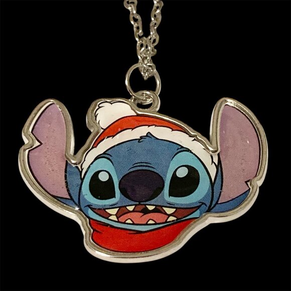 Disney Lilo & Stitch Christmas Necklace Santa Hat Holiday Silver Tone 18" Chain - Picture 2 of 10